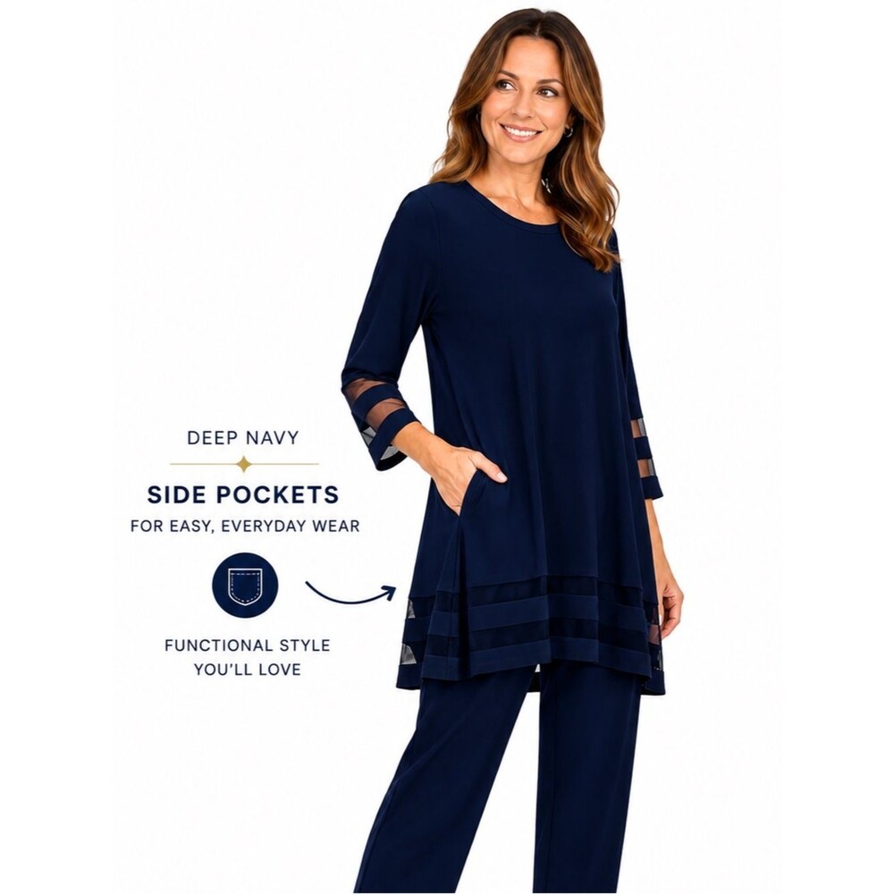 IC by Connie K Deep Navy 2PC Tunic Top Pants Sheer Detail Minimalist M Wedding